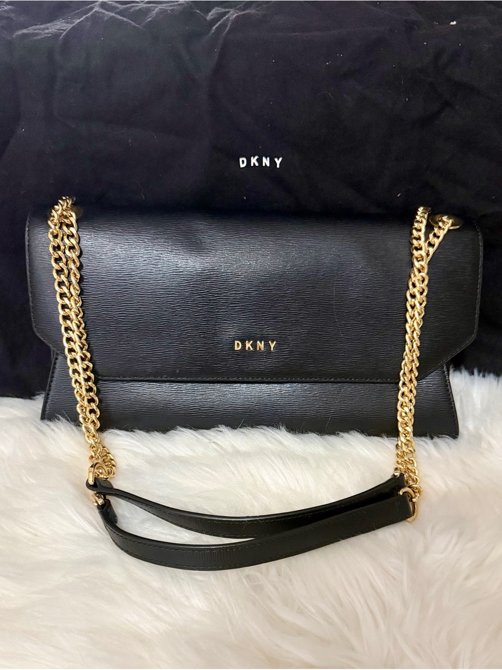 DKNY Black Leather Shoulder Bag with Gold Chain Strap
